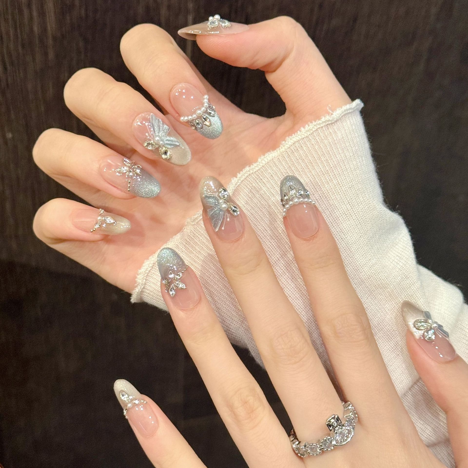 Blue Butterfly Love Cat Eye Zircon Press-On Nails