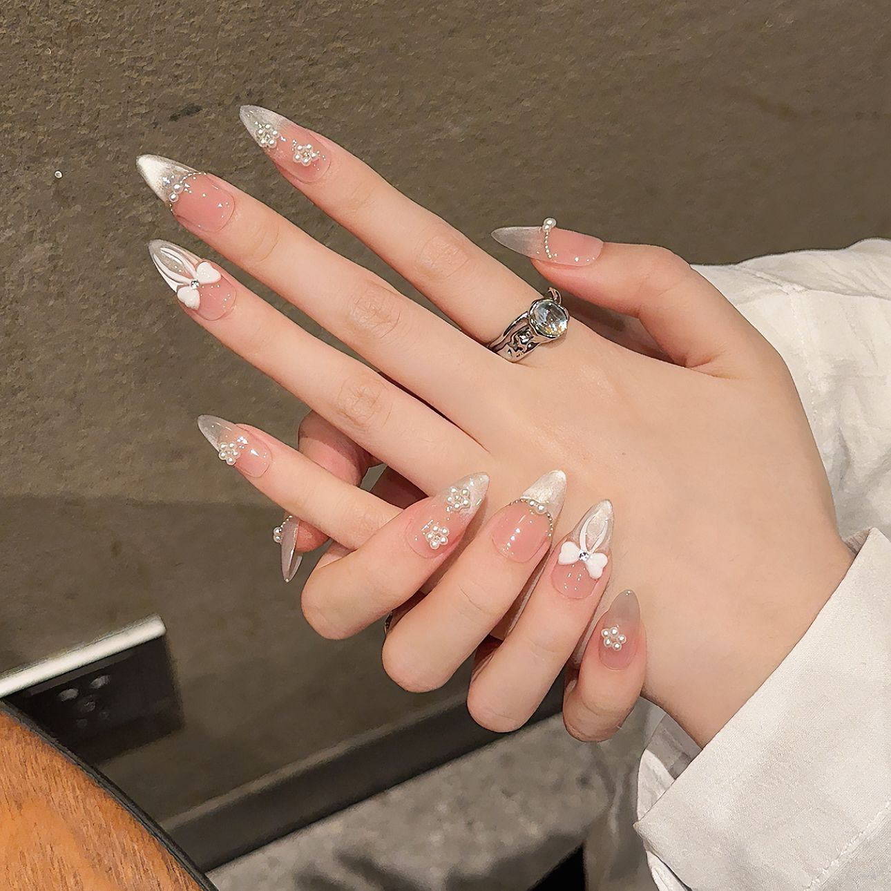Creamy Glazed Bow Sheer Press-On Nails
